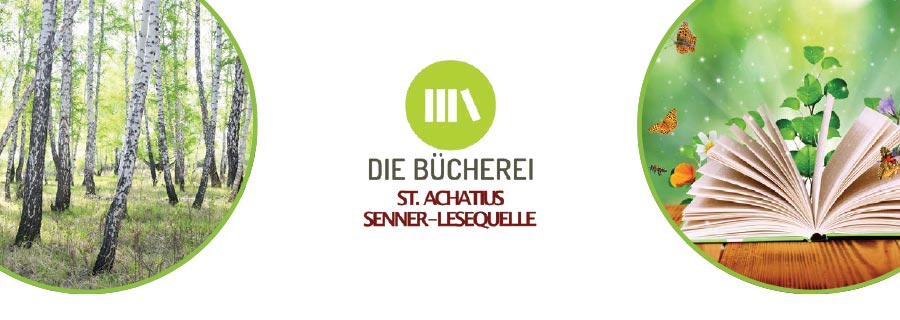 Logo der Bücherei und Imagebild mit Buch und Birken