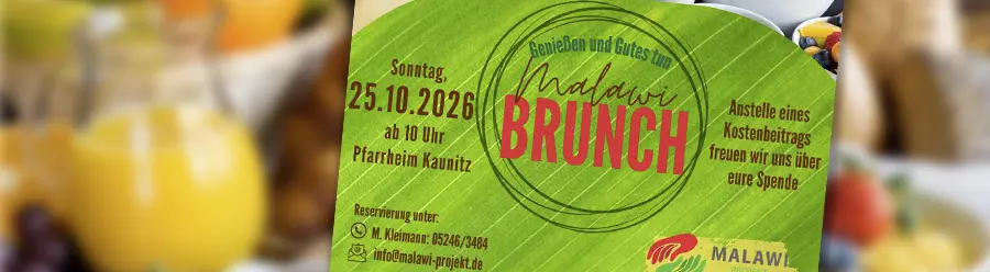 Flyer zum Malawi-Brunch mit Daten und Frühstückstisch